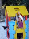 Me stuck in the children’s cubby house…